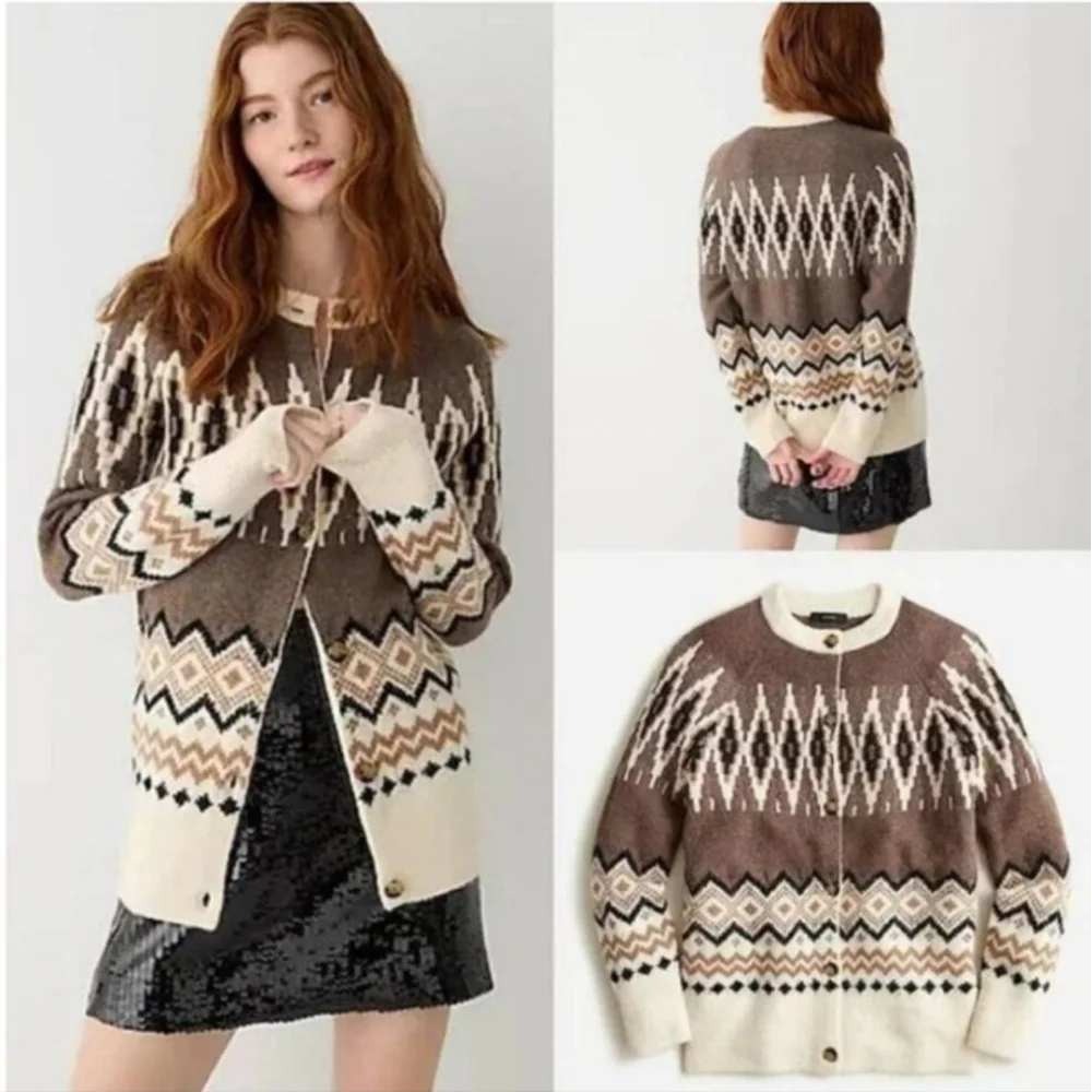 J.Crew Fair Isle Diamond Cardigan Sweater Womens M Brown Soft Knit Button Front